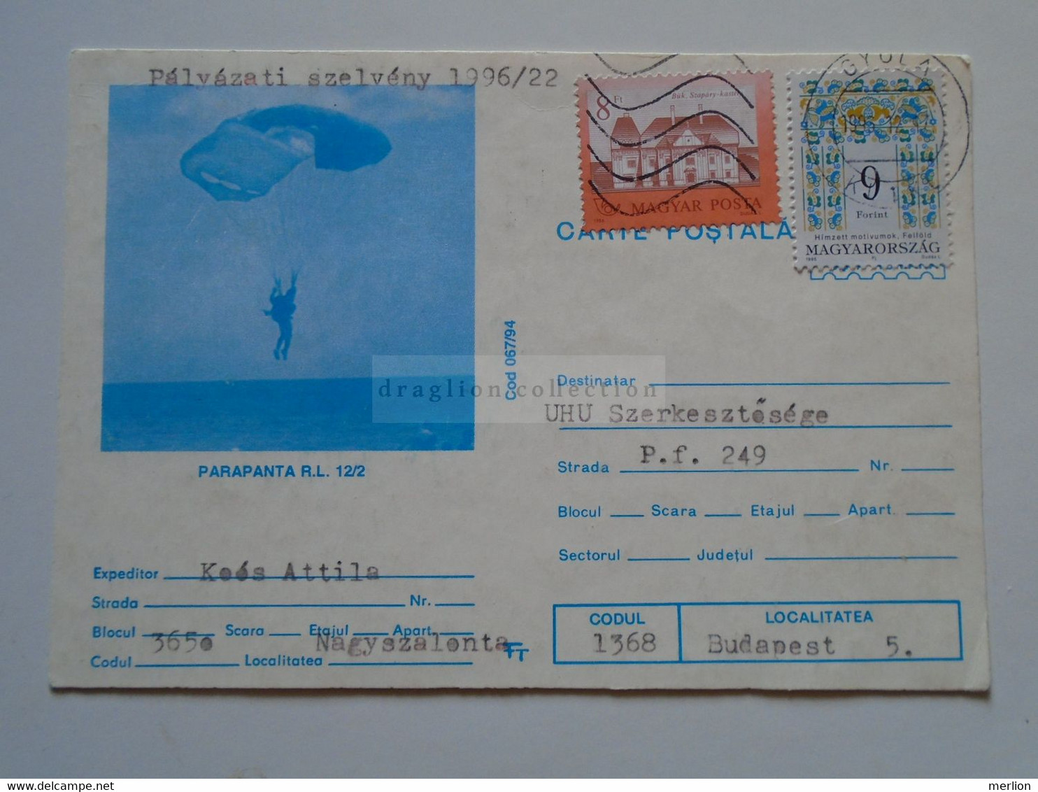 ZA345.3   Hungary- Romania   Romanian  Postal Stationery - Parachute Fallschirm Sent From GYUA  To Budapest 1996 - Lettres & Documents
