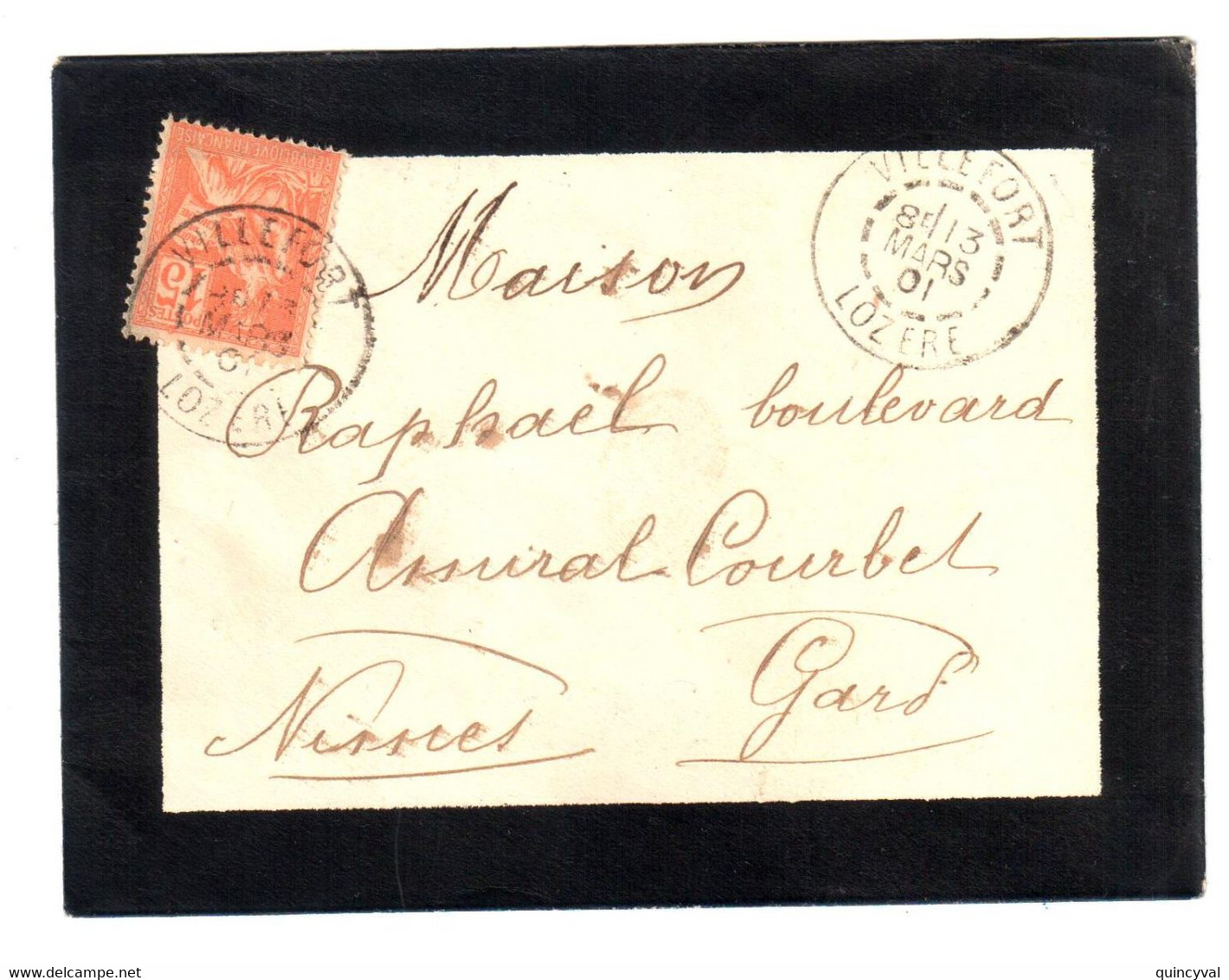VILLEFORT Lozère Envloppe Mignonette Deuil 15c Mouchon Yv 125 Ob 1901 - Cartas & Documentos
