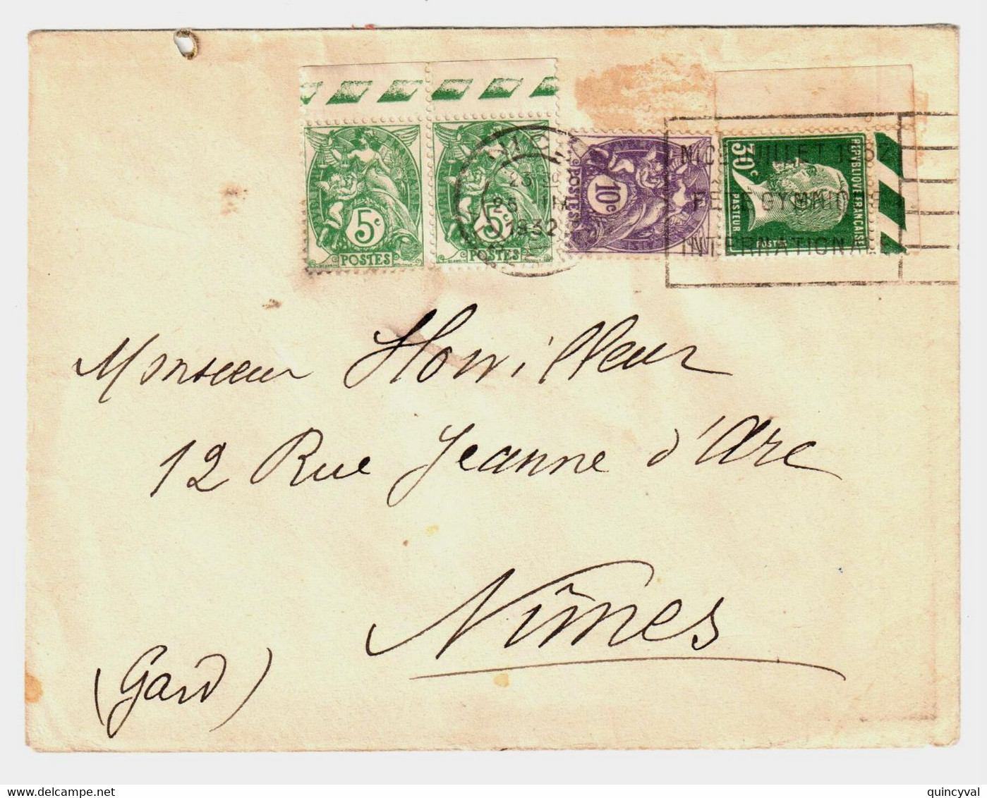 NICE Lettre 5c Blanc Vert Type IIA 10c Blanc Violet 30c Vert Pasteur Yv 111 174 233   Ob 25 3 1932 - Cartas & Documentos