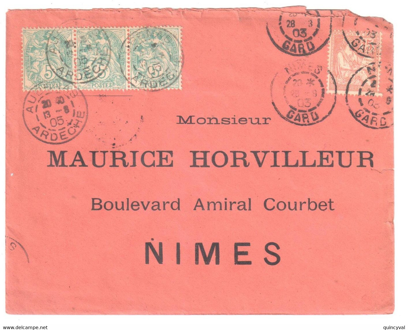 AUBENAS Ardèche Lettre 5c Blanc Yv 111 Ob Type 84 13 8 1903 Réexpédié 15c Mouchon Yv 125 Ob Daguin Jumelée 20 8 1903 - Briefe U. Dokumente