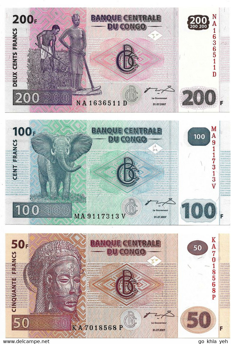 ETATS D'AFRIQUE CENTRALE - R.D.C. 2007 Lot De 3 Billets  50-100-200 Franc - P.97a,P.98a,P.99a.2  Neuf UNC - Centraal-Afrikaanse Staten