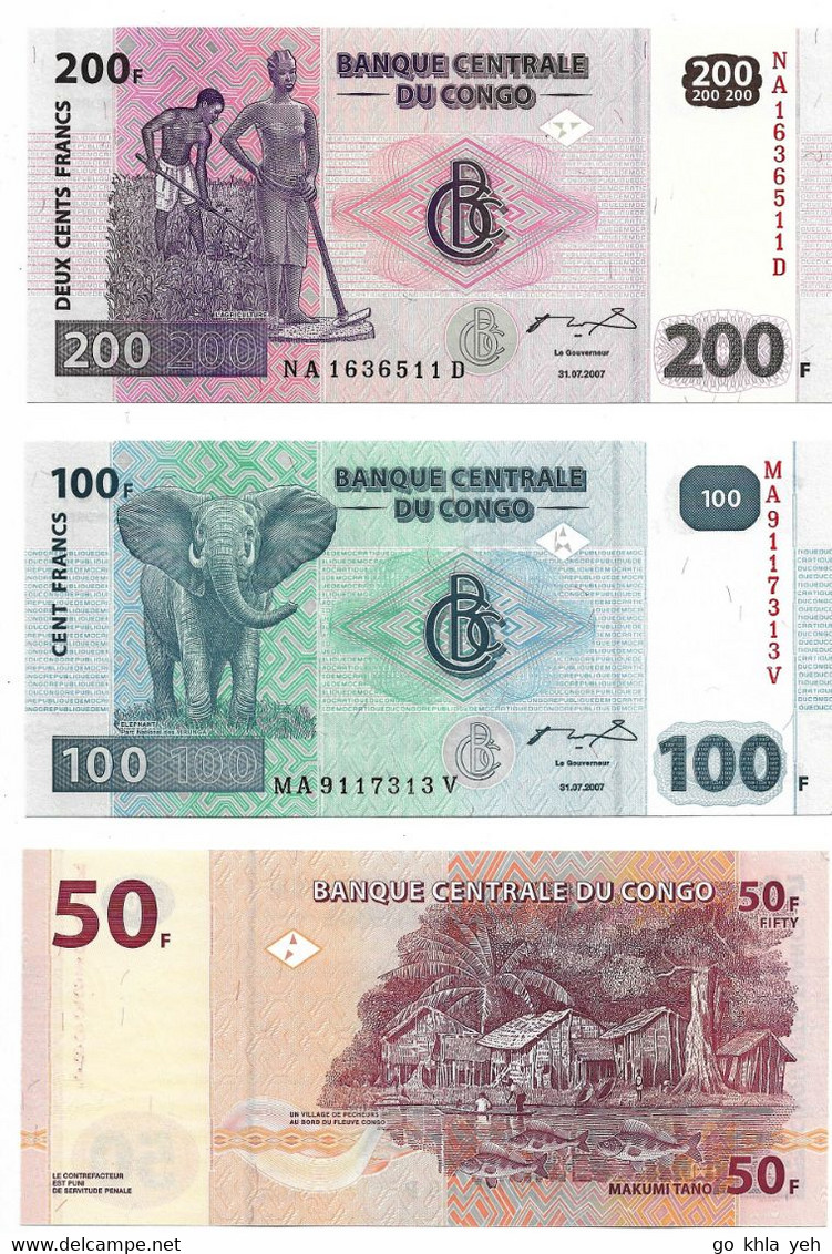 ETATS D'AFRIQUE CENTRALE - R.D.C. 2007 Lot De 3 Billets  50-100-200 Franc - P.97a,P.98a,P.99a.2  Neuf UNC - États D'Afrique Centrale