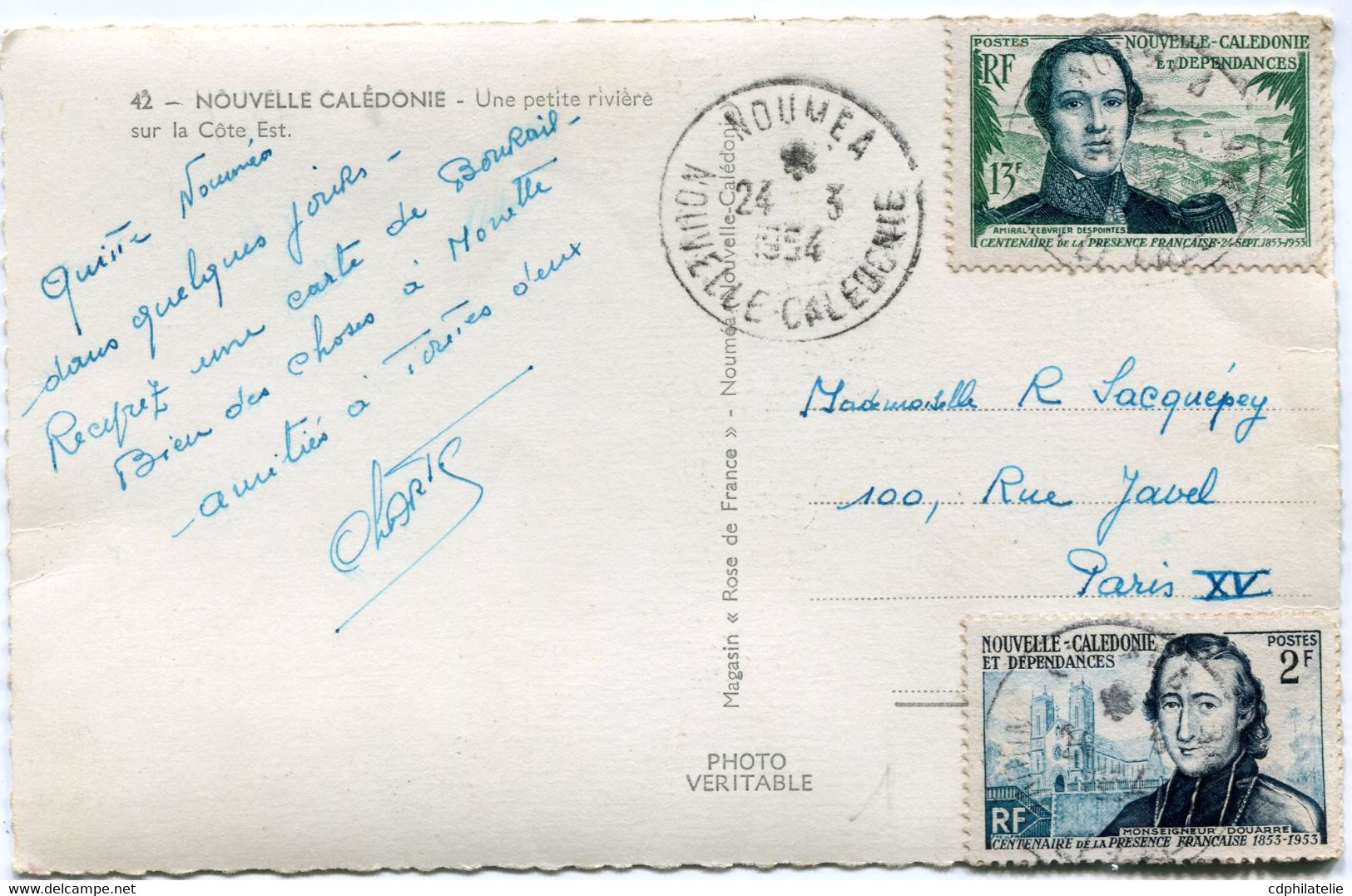 NOUVELLE-CALEDONIE CARTE POSTALE -UNE PETITE RIVIERE SUR LA COTE EST DEPART NOUMEA 24-3-1954 POUR LA FRANCE - Lettres & Documents