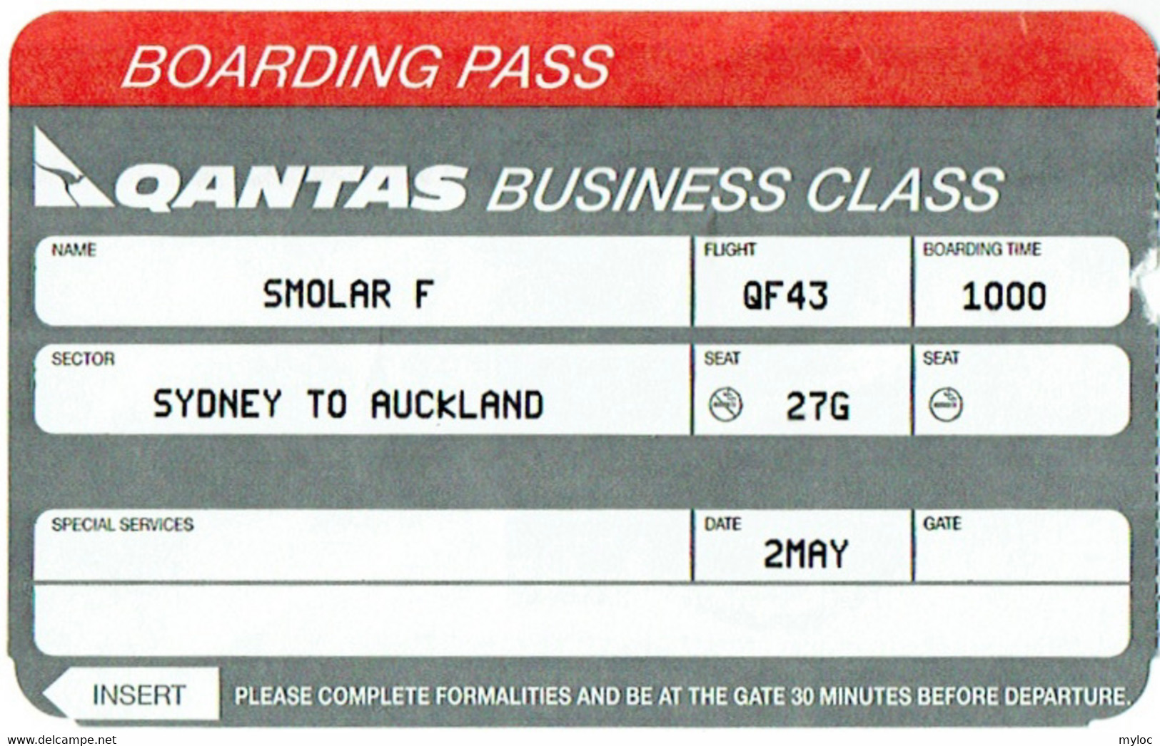 Boarding Pass QANTAS.  Carte D'Embarquement. Sydney To Auckland. Timbre Taxe 1991. - Carte D'imbarco