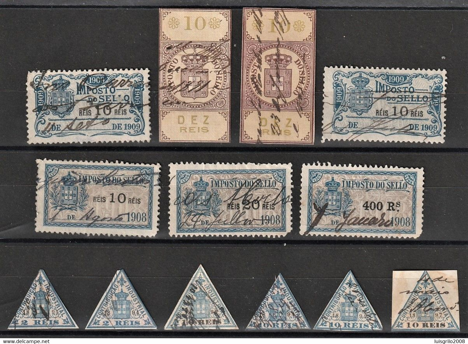 Fiscal/ Revenue, Portugal - 13 Stamps -|- Imposto Do Sello 1873+1908+1909 7 Cotribuição Industrial 1894+1897, 2+5+10 Rs. - Usado