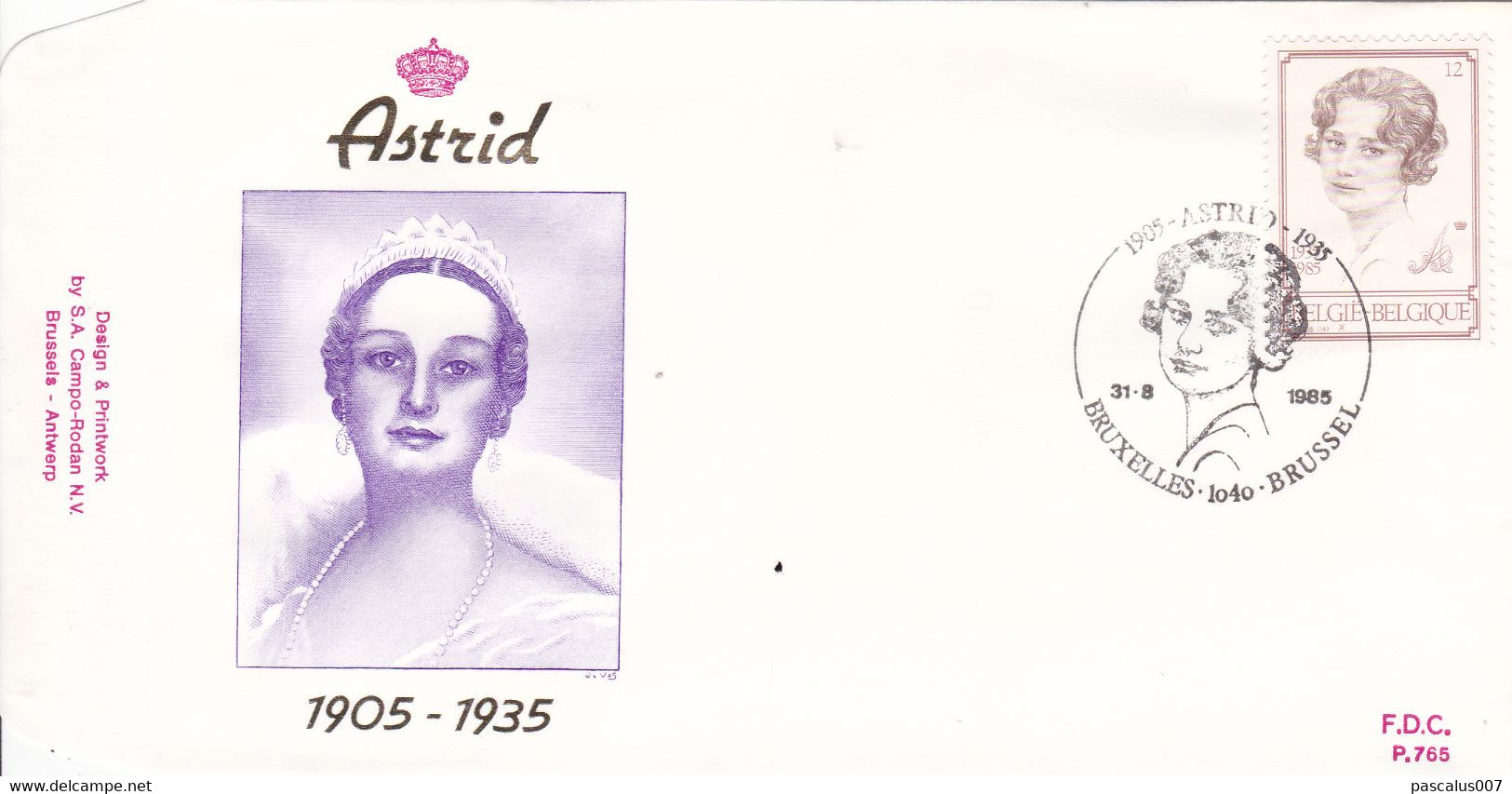 B01-300 - FDC P765  - Cob 2183 - Royal Dynastie S.M. La Reine Astrid En 1935 - 31-08-1985 Bruxelles 1040 Brussel - 1981-1990