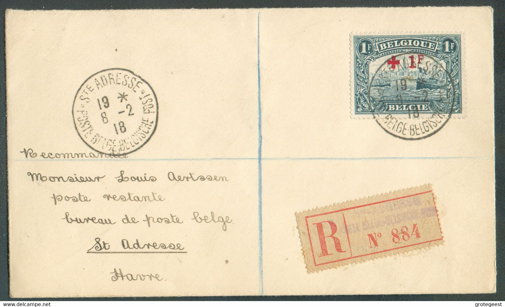 N°160 -1 Franc Croix-Rouge Obl. Sc Ste-ADRESSE POSTE BELGE Sur Lettre Recommandée Du 8-2-1916 Vers Le Havre. Superbe- 17 - 1918 Rode Kruis