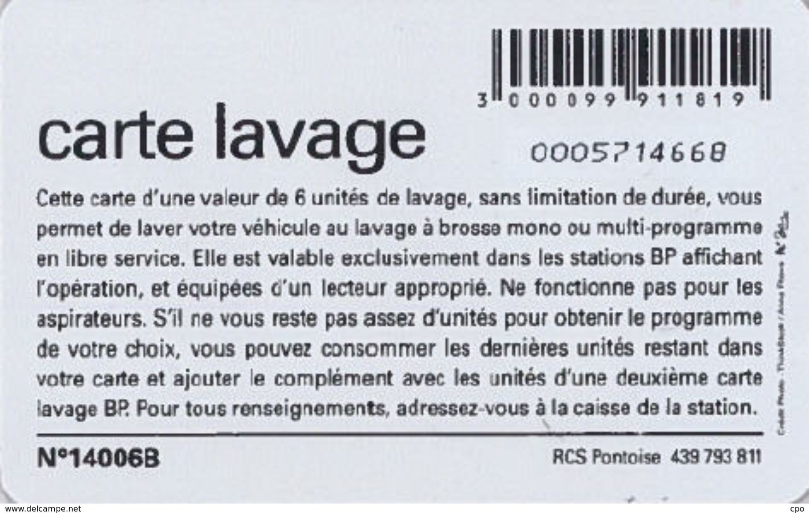 # Carte A Puce Portemonnaie  Lavage BP - Conductrice - Bleu - 6u - Tres Bon Etat - - Lavage Auto