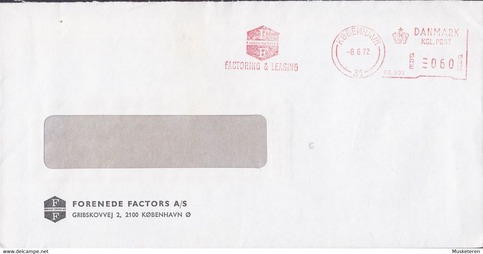 Denmark FORENEDE FACTORS Slogan Flamme 'Factoring & Leasing' 'P.B. 607' KØBENHAVN 1972 Meter Cover Brief - Franking Machines (EMA)