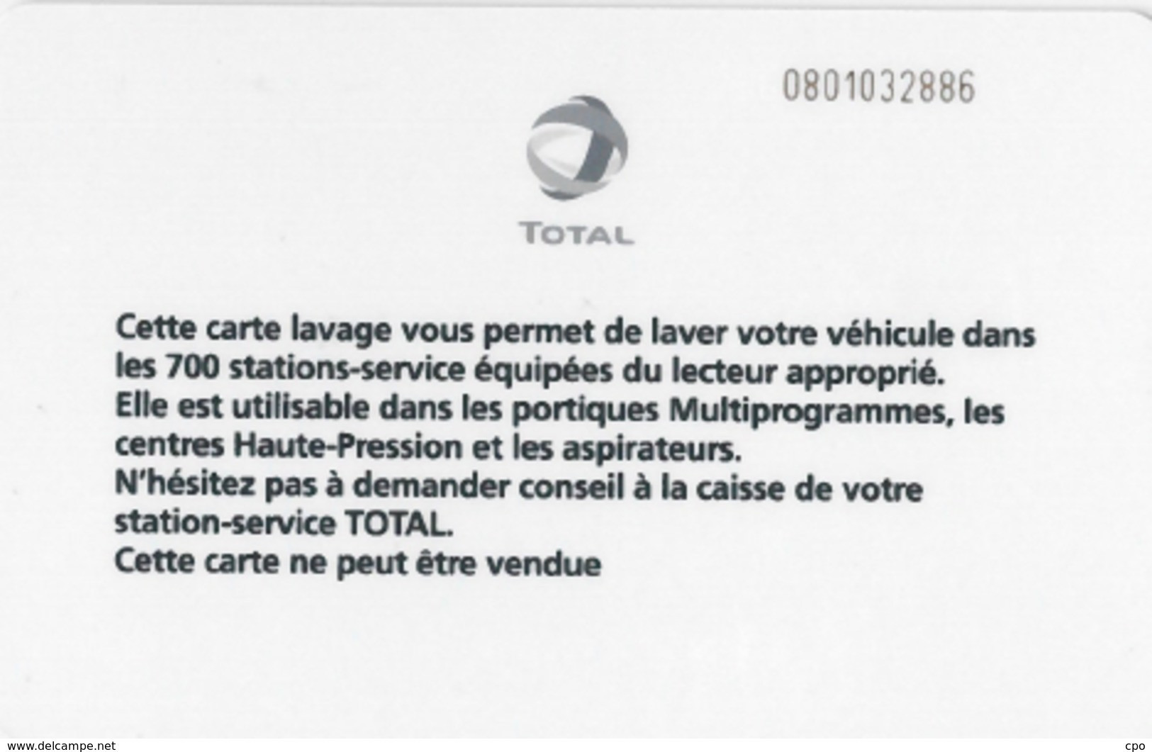 # Carte A Puce Portemonnaie Lavage Total - Club Total - 700 Stations - 10 Euros - Tres Bon Etat- - Car Wash Cards