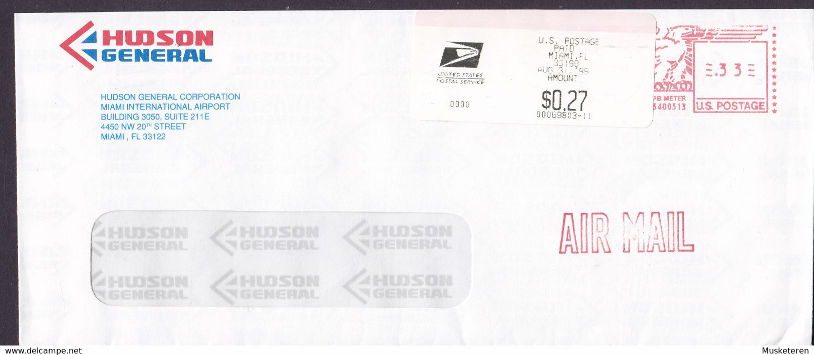 United States Air Mail HUDSON GENERAL Corp. PAID Stamp & Meter Cover Freistempel Brief MIAMI Fl. 1999 - Machine Labels [ATM]