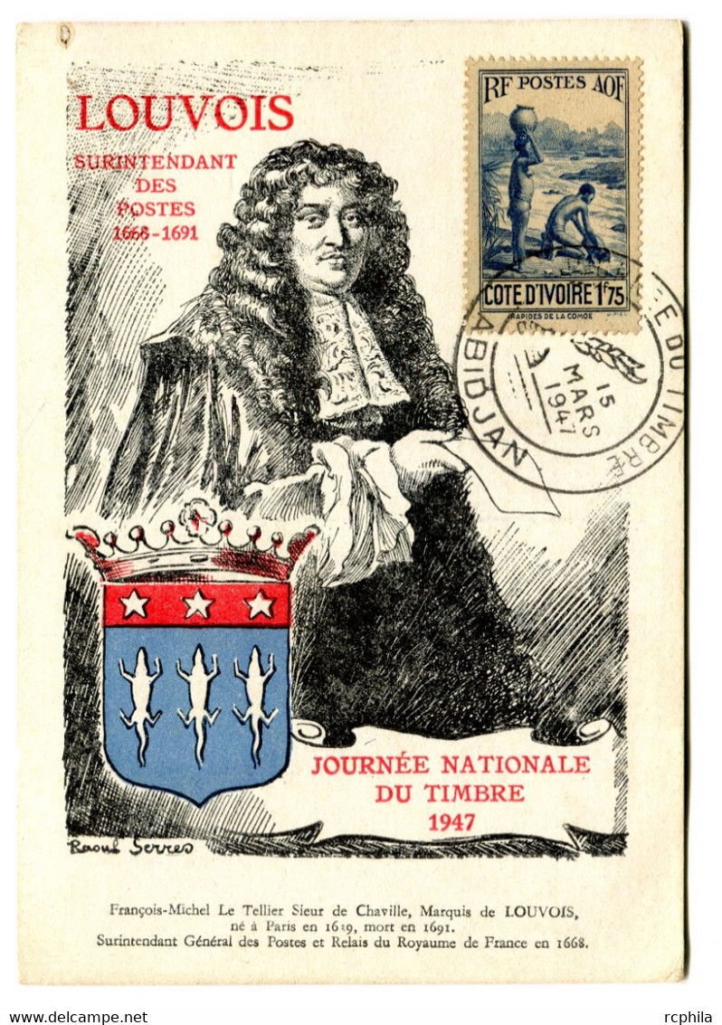 RC 19989 COTE D'IVOIRE 1947 JOURNÉE DU TIMBRE LOUVOIS SURINTENDANT DES POSTES ABIDJAN B/TB - Lettres & Documents