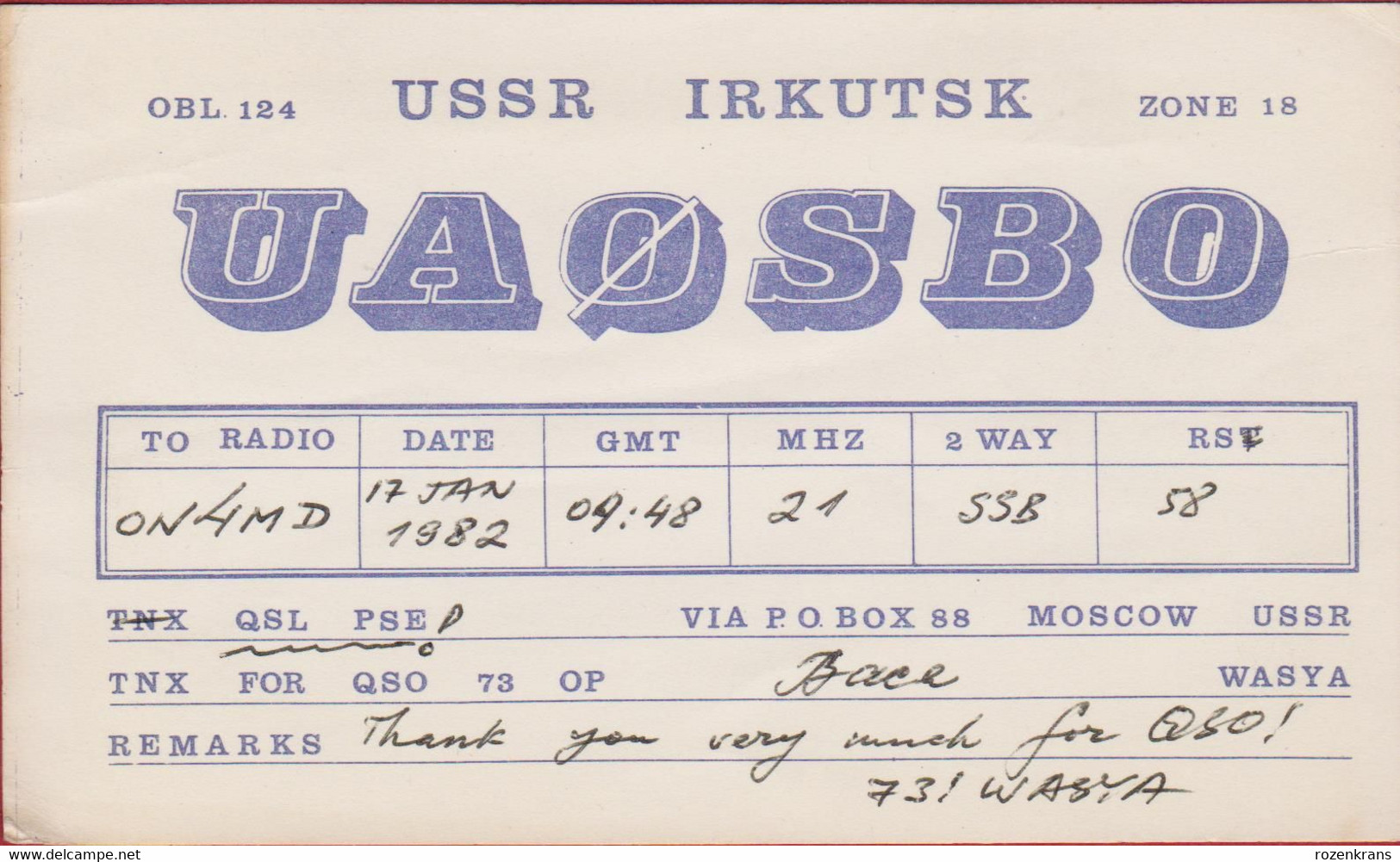 QSL Card Amateur Radio Station Soviet USSR 1982 IRKUTSK Moscow - Radio Amateur