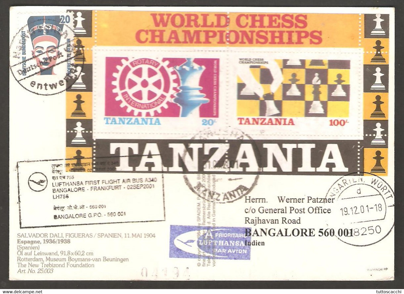 Tanzania 2001 - Chess Block On Traveled Postcard - Chess