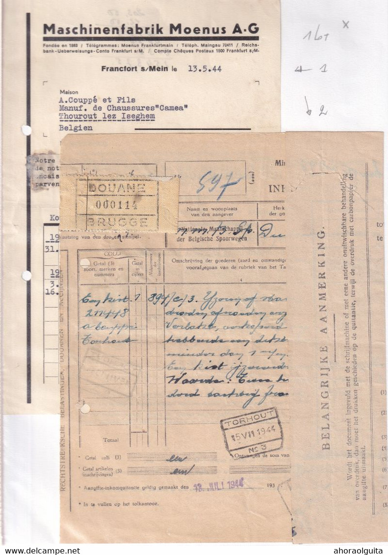 DDY 460 -- Collection THOUROUT - Facture Et Document De DOUANE BRUGGE S/Timbres Fiscaux , Gare De TORHOUT 15 VII 1944 - Dokumente