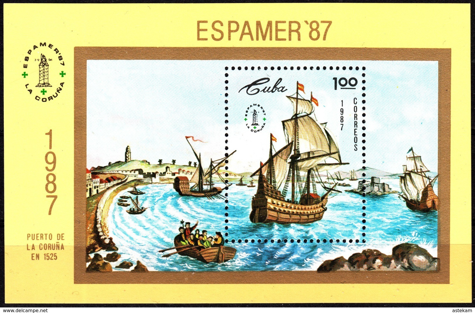 CUBA 1987, GALLEON In The PORT LA CORUNA, INTERNATIONAL PHILATELIC EXHIBITION "ESPAMER'87", MNH BLOCK With GOOD QUALITY - Neufs