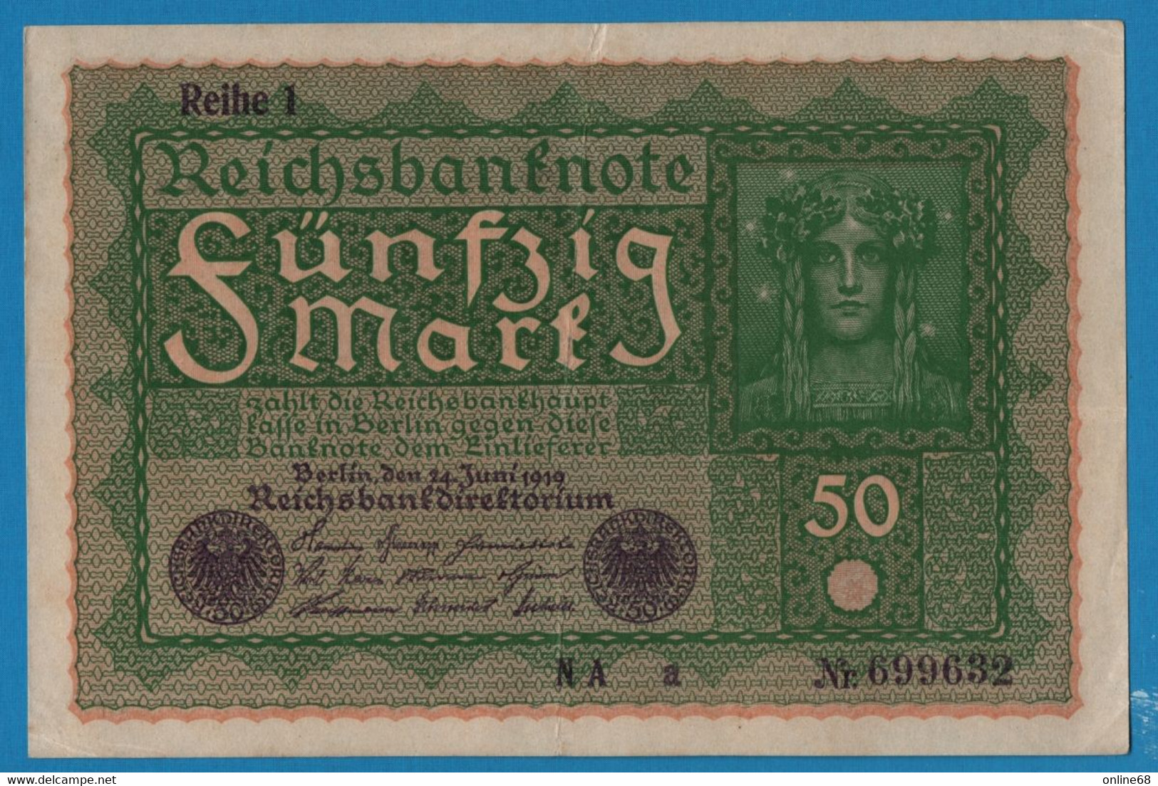 DEUTSCHES REICH 50 Mark  24.06.1919 Série NA A # 699632  P# 66 Reihe 1 - 50 Mark