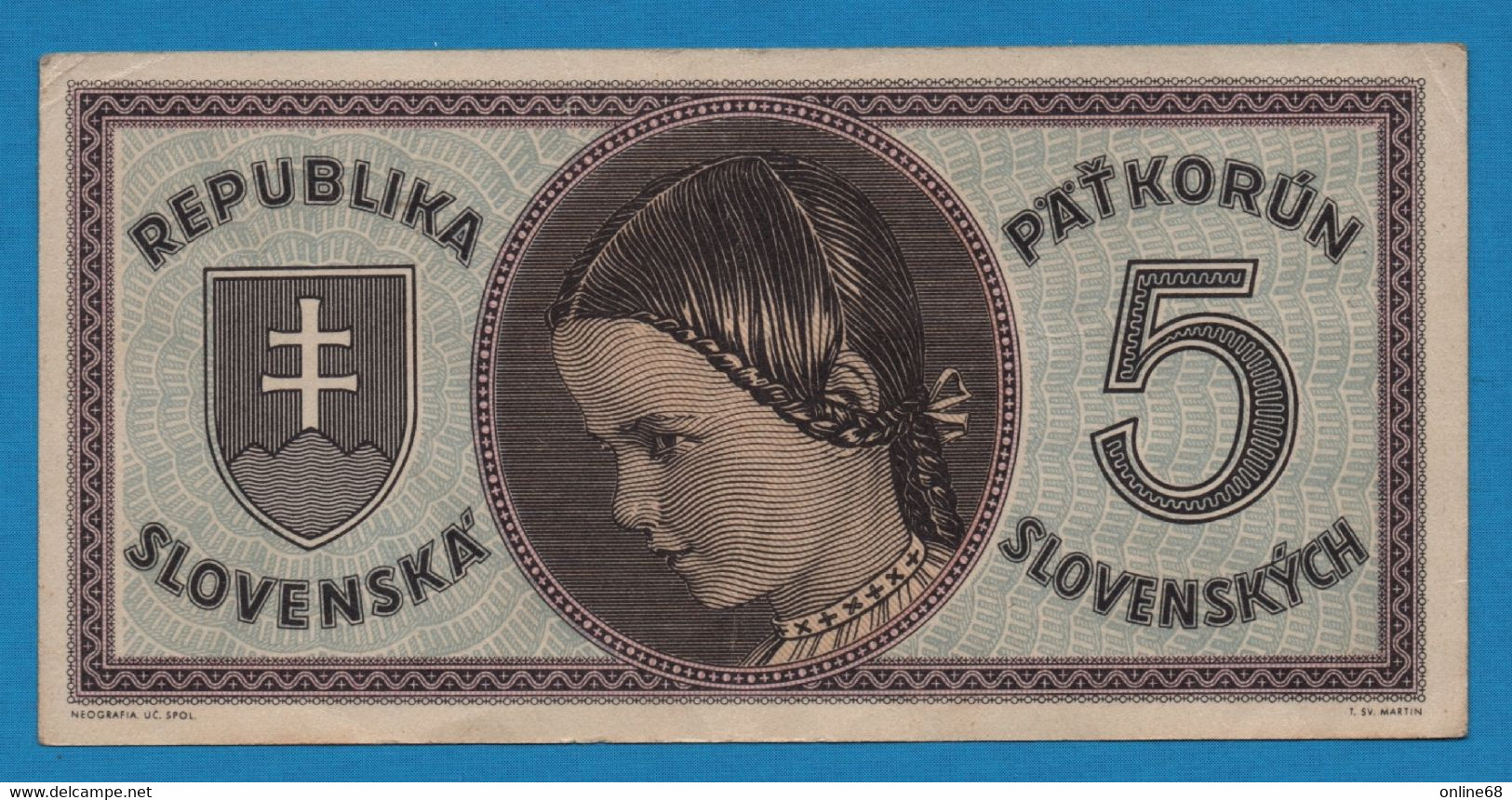 SLOVAKIA  Slovenska Republika  	  5 Korun Slovenských ND (1945) Sérial: RAD: K 021  P# 8 - Slovaquie