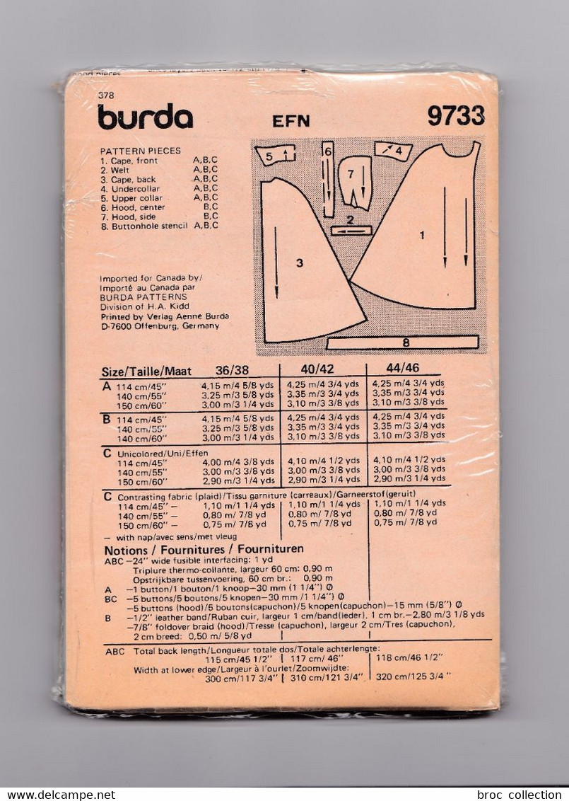 Patron Burda N° 9733, Cape, 3 Tailles - Schnittmuster