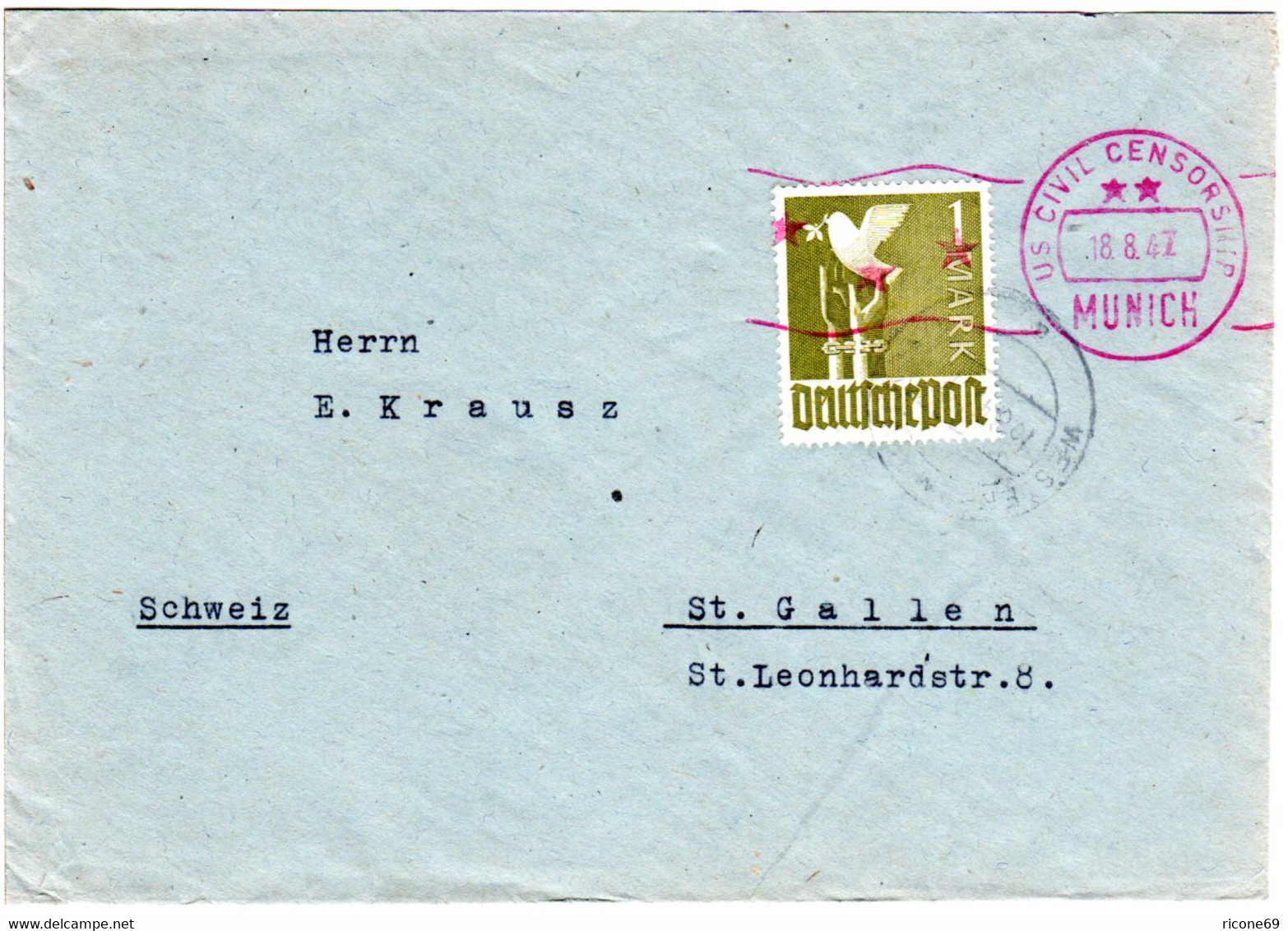 1947, EF 1 Mk. Friedenstaube Auf Brief V. Westerham Bei München I.d. Schweiz - Altri & Non Classificati