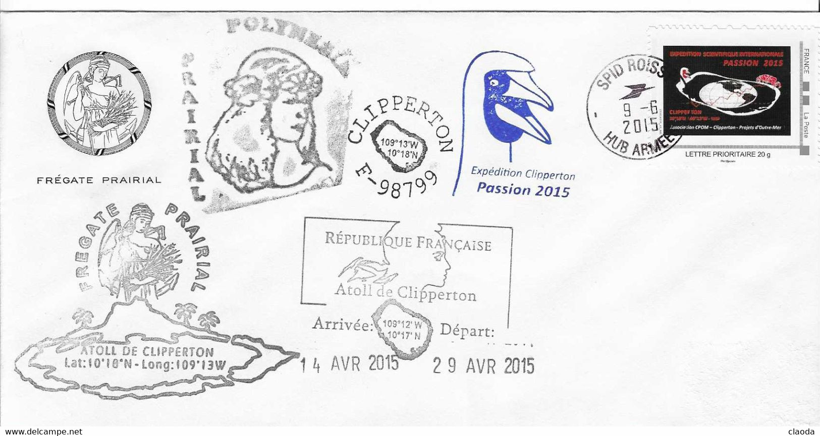 17917  - FREGATE PRAIRIAL - CLIPPERTON 2015  MISSION PASSION  (Cachet OISEAU) - Scheepspost