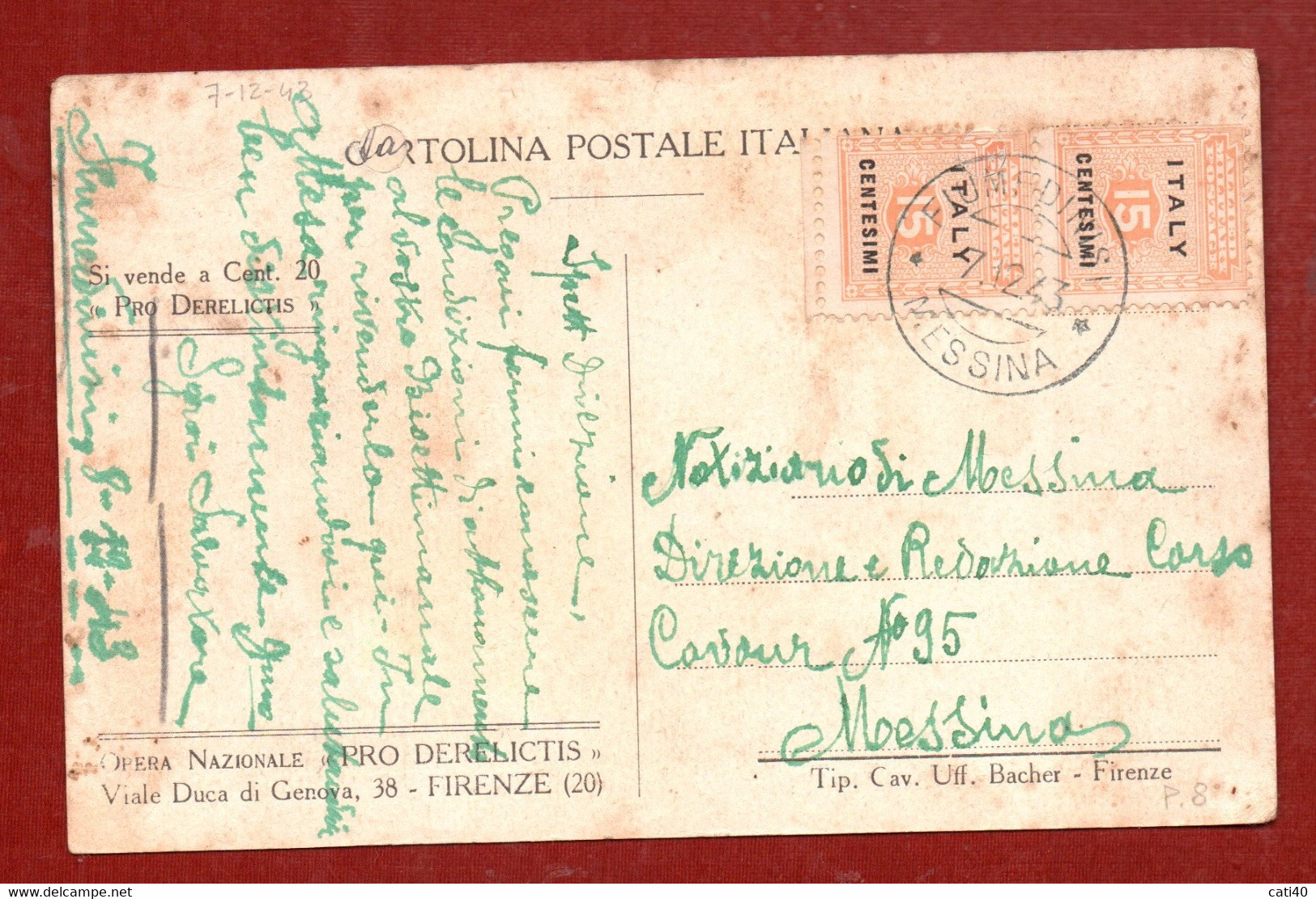 AMGOT SICILIA - FIUMEDINISI * MESSINA *7/12/43 Su Coppia 15 C. - CARTOLINA òA SQUADRA GINNASTICA "PRO DERELICTIS" - Occ. Anglo-américaine: Sicile