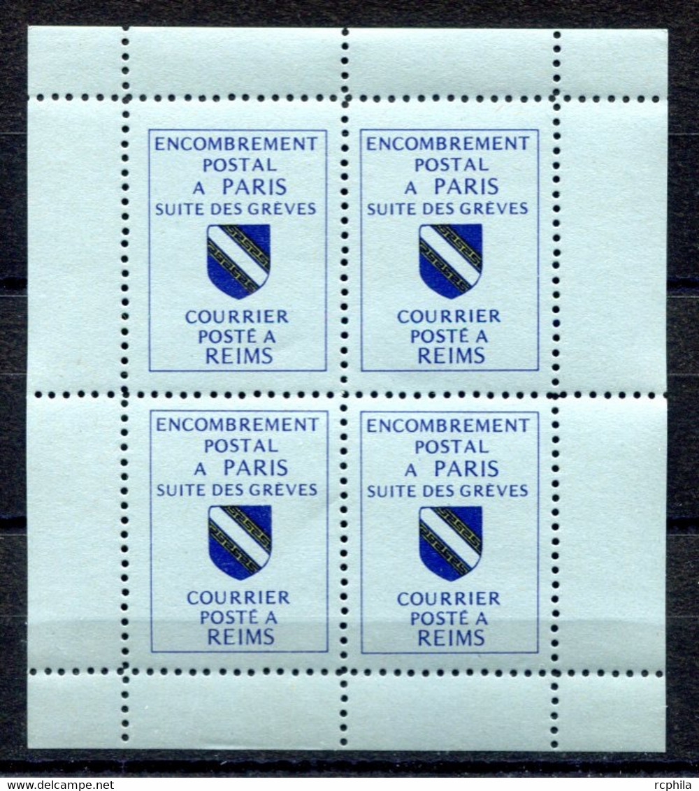 RC 20002 FRANCE COTE 64€ GREVE N° 40 ENCOMBREMENT POSTAL A PARIS COURRIER POSTÉ A REIMS BLOC DE 4 NEUF ** MNH TB - Altri & Non Classificati