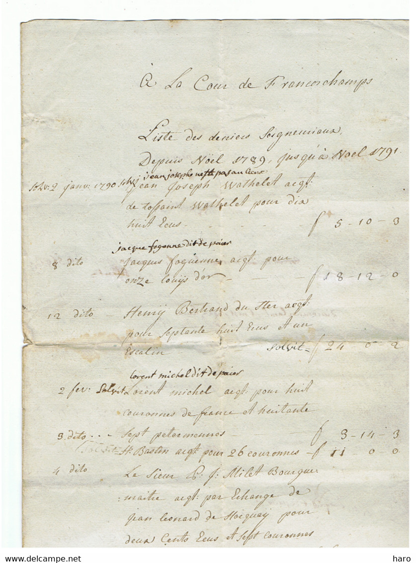 Document ORIGINAL - Liste Des Deniers Seigneuriaux - Noël 1789 à Noël 1791  Cour De FRANCORCHAMPS , Voir Descriptif(sf37 - Manuscripts