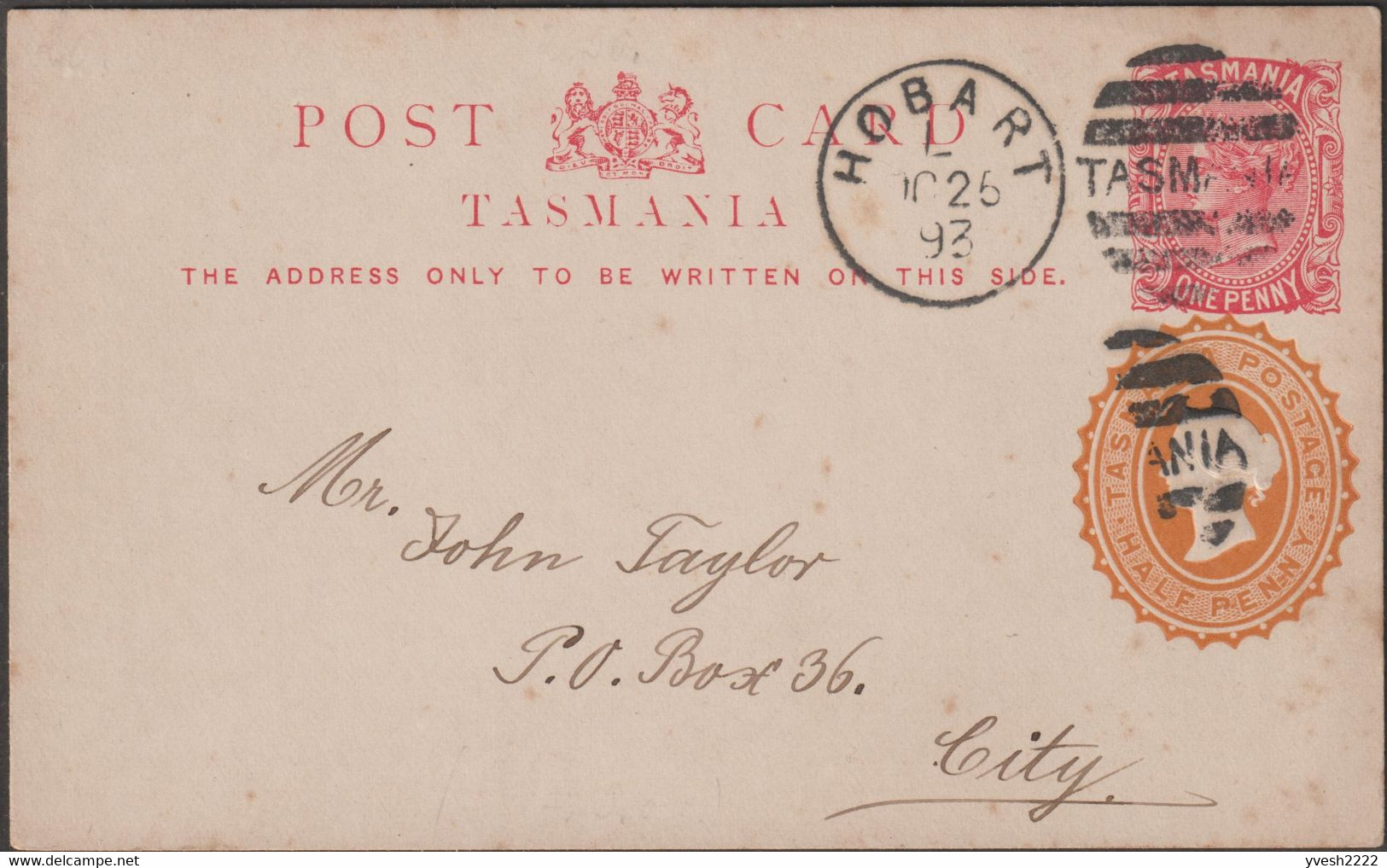 Tasmanie 1893. Entier Postal, Timbre Complémentaire Timbré Sur Commande. Rare Ayant Voyagé Depuis Hobart - Covers & Documents