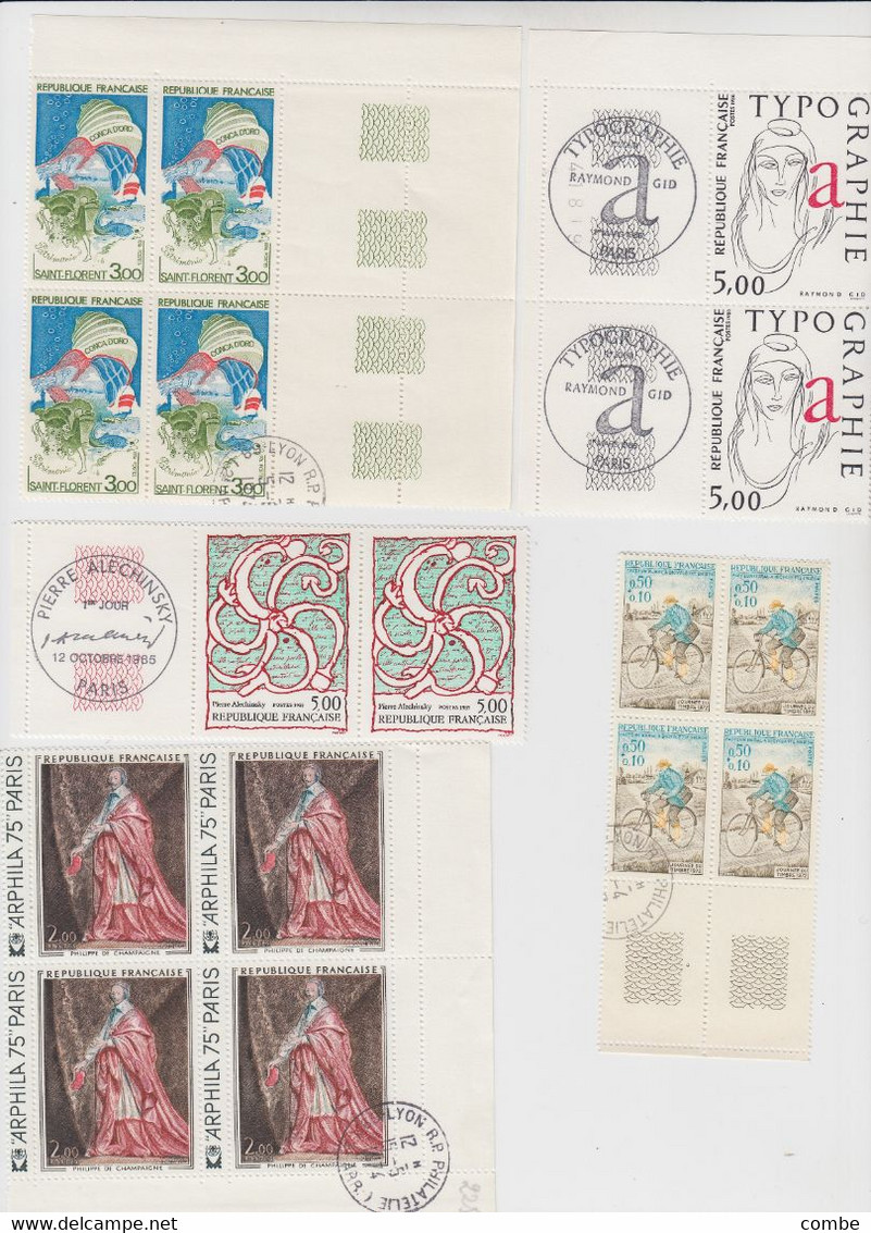 GROS LOT DE TIMBRES NEUFS FRANCE. MAJORITE EN BLOC DE 4, AVEC OBLITERATION 1° JOUR SUR LA BORDURE OU UN TIMBRE. / 2