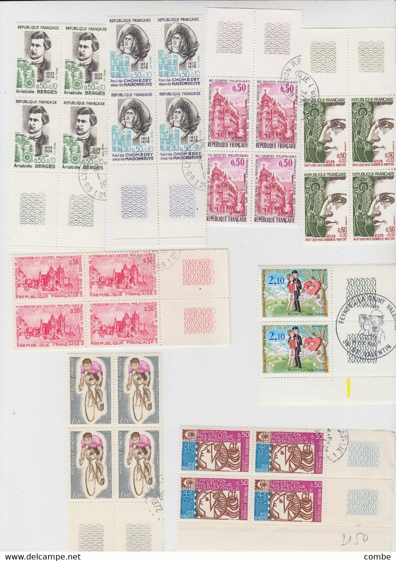 GROS LOT DE TIMBRES NEUFS FRANCE. MAJORITE EN BLOC DE 4, AVEC OBLITERATION 1° JOUR SUR LA BORDURE OU UN TIMBRE. / 2