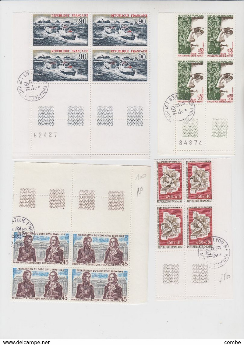 GROS LOT DE TIMBRES NEUFS FRANCE. MAJORITE EN BLOC DE 4, AVEC OBLITERATION 1° JOUR SUR LA BORDURE OU UN TIMBRE. / 2