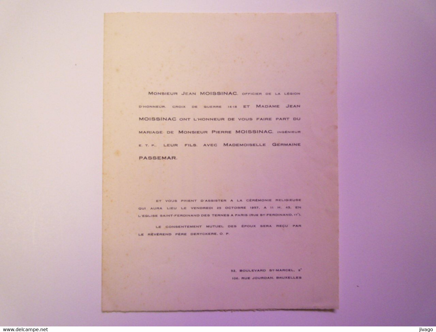 2021 - 597  FAIRE-PART Du Mariage De Jean MOISSINAC Et Germaine PASSEMAR  1957 (Bruxelles Et Paris)   XXX - Mariage