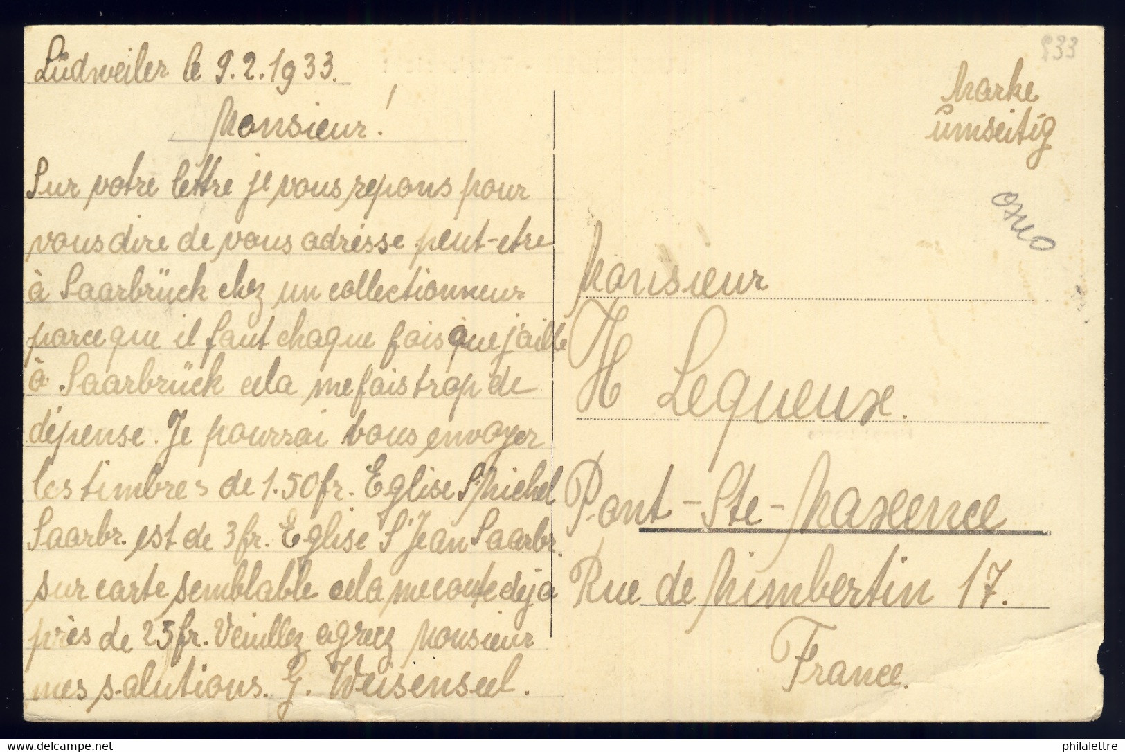 SARRE / SAAR / SAARGEBIET - 1933 - Mi.162 /CP - Ansichtskarte LUDWEILER N. Frankreich (defekten) - Brieven En Documenten
