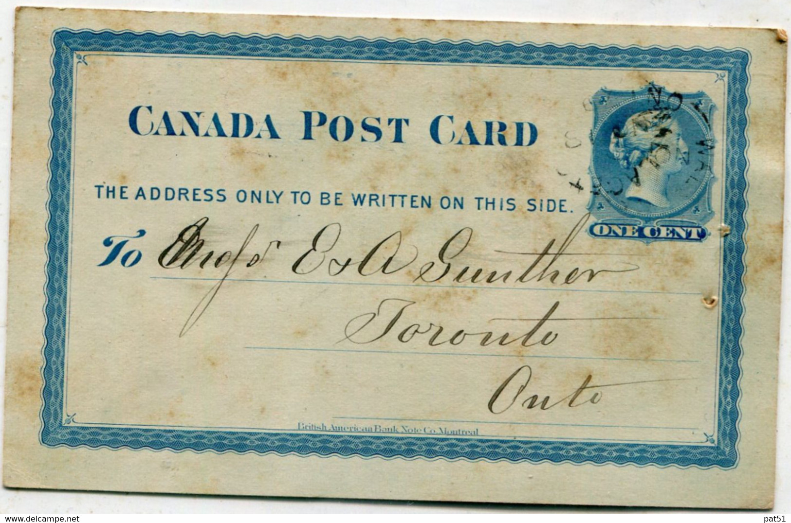 PRECURSEUR - CANADA - Entier Postal 1 Cent Reine Victoria Bleu- 1879 - Cachet " TORONTO " - Brieven En Documenten