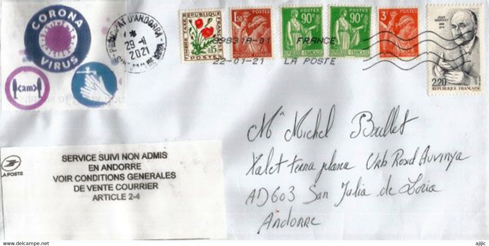 Lettre De France Adressée Andorre, Avec Vignette "SERVICE SUIVI NON ADMIS EN ANDORRE" (rare Sur Lettre) - Storia Postale