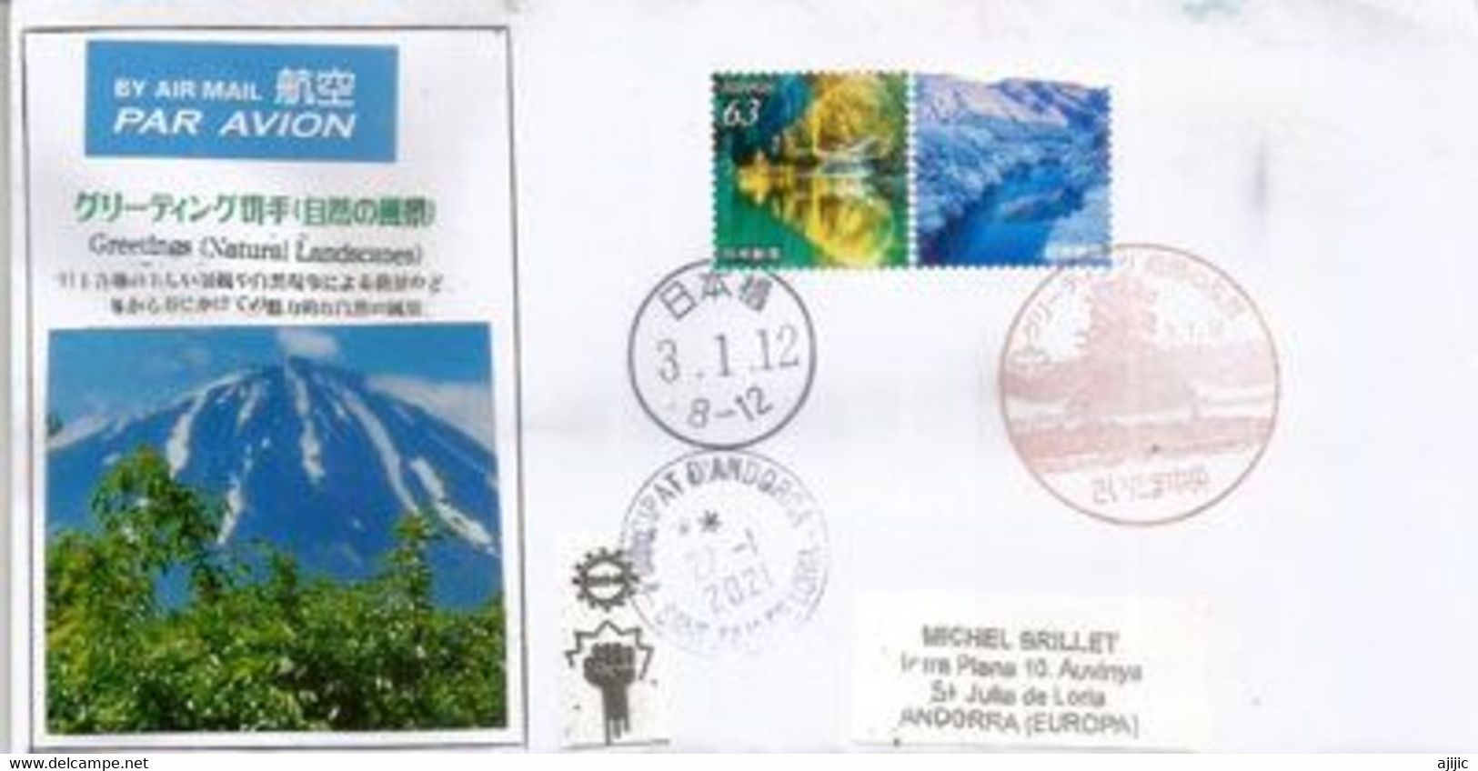 Japonese Natural Landscapes (Greetings) 2021, Letter From Tokyo Sent To Andorra,with Arrival Postmark & Covid-19 Sticker - Cartas & Documentos