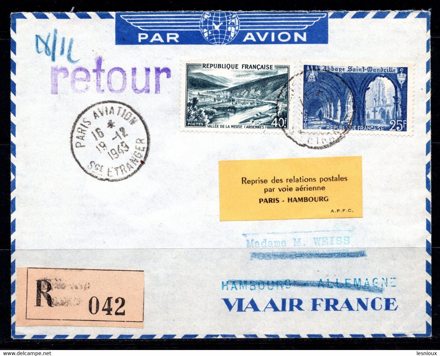 Lettre 1949 Aviation Paris - Hambourg Reko Brief Enveloppe Reco Reprise Vols Aériens - Cartas & Documentos