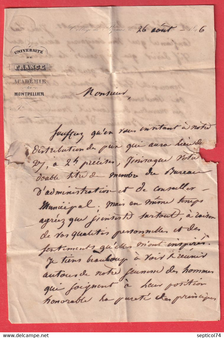 PEZENAS HERAULT CL NOIR TAXE 1 POUR ROUJAN 1846 + INVITATION DISTRIBUTION SOLENNELLE DE PRIX COLLEGE DE PEZENAS - 1801-1848: Precursors XIX