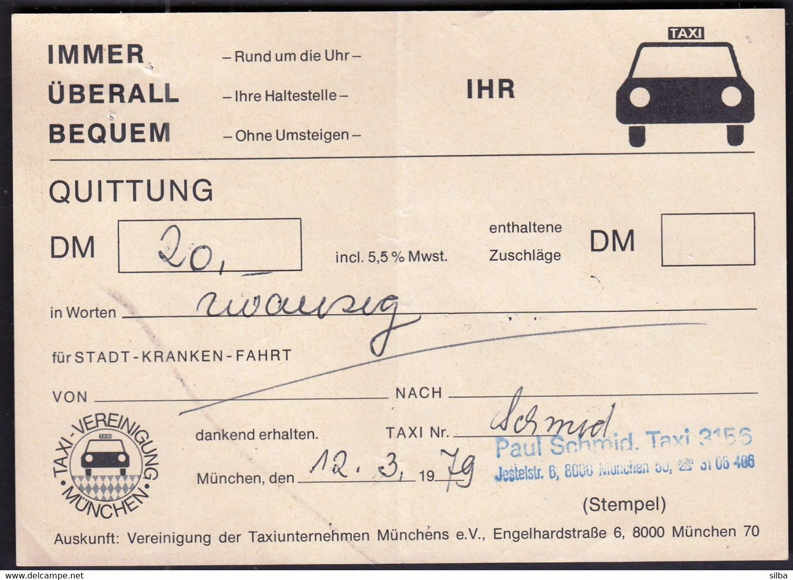 Germany Munich 1979 / Taxi Quittung / Invoice - Transport