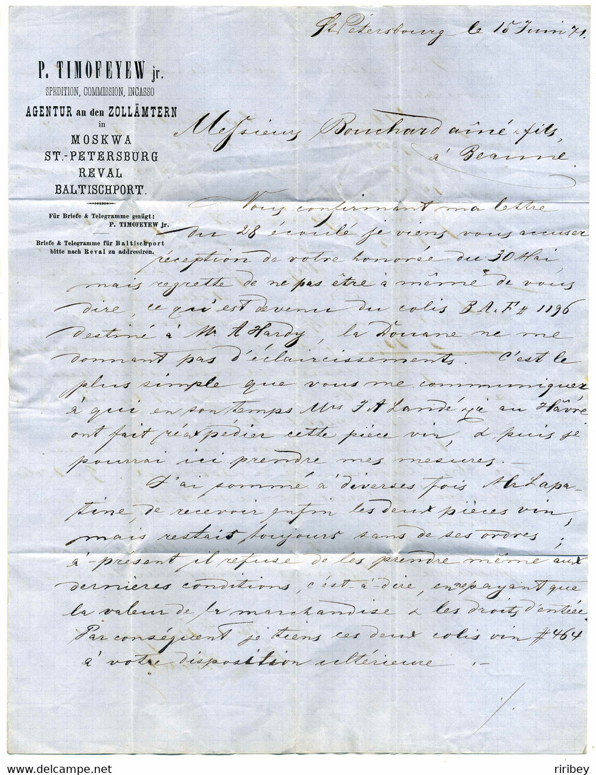 SAINT PETERSBOURG ( RUSSIE) + Marque D'entrée PRUSSE PAR ERQUELINE + Marque D'échange P38 / 1871 / Bouchard Beaune - Marques D'entrées