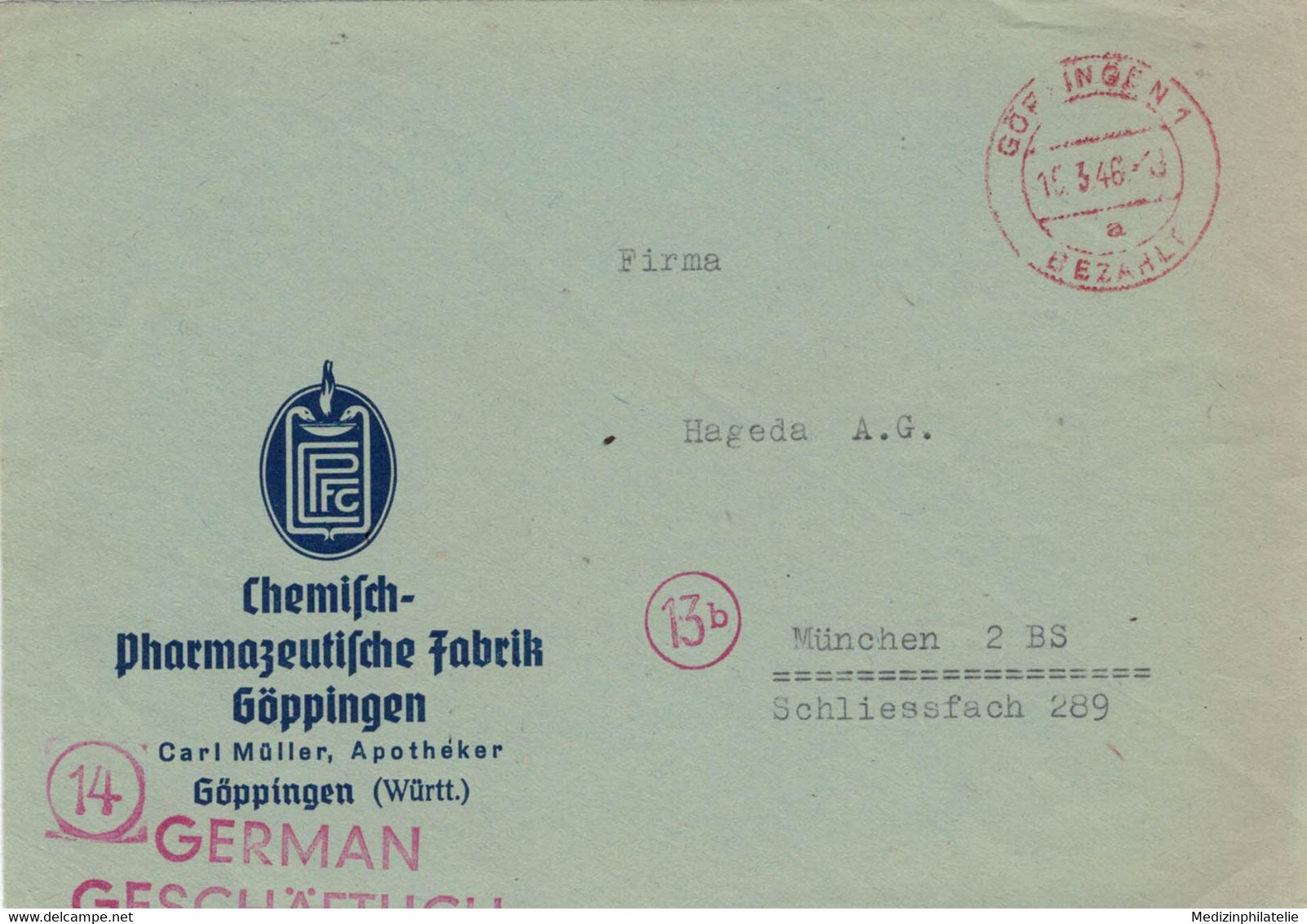BVS Chemie Pharma Fabrik Göppingen Carl Müller 1946 - Gebühr Bezahlt - Pharmacy