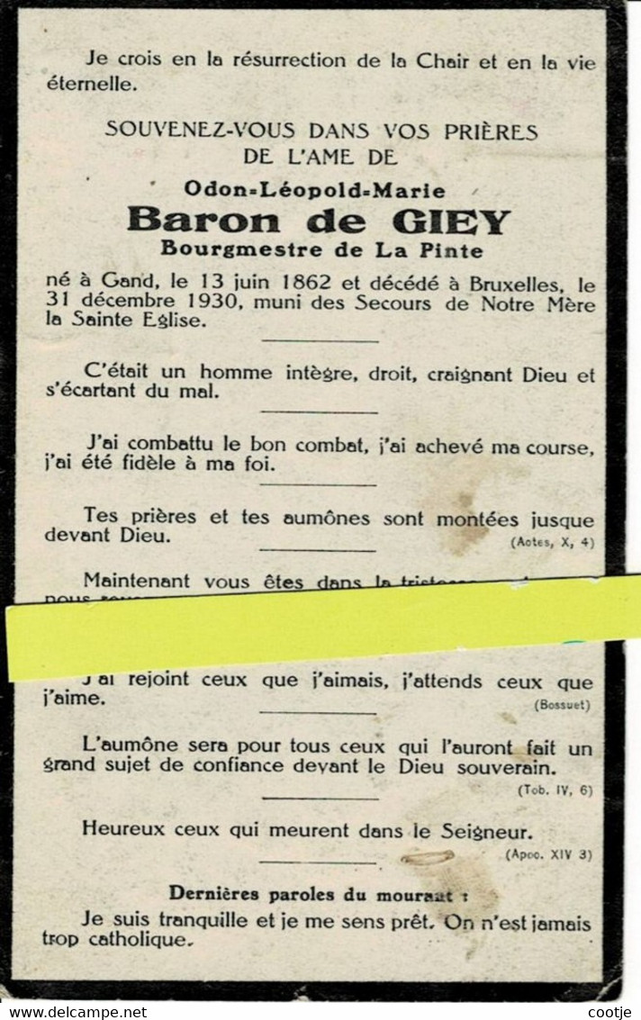 Odon  Baron De Giey ( Burgemeester De Pinte ) O Gent 1862  + Brussel 1930 - Devotieprenten