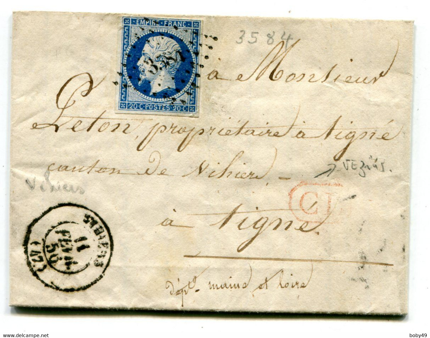 MAINE ET LOIRE De VEZINS LAC Du 11/02/1856 Avec N°14 Oblitéré PC 3584 De VIHIERS DOUBLE PORT LOCAL !!!!!!! - 1849-1876: Periodo Clásico