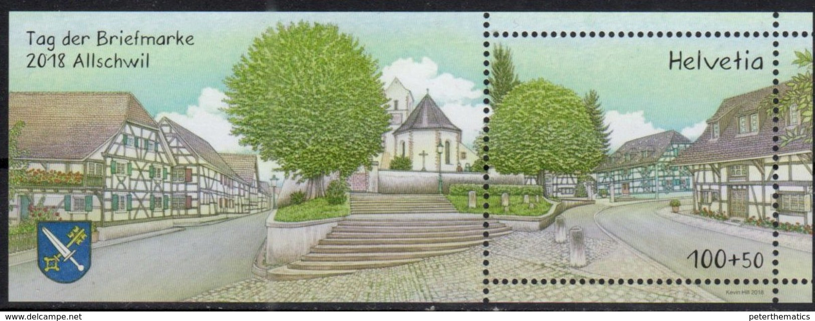 SWITZERLAND, 2018, MNH,STAMP DAY, CHURCHES, ALLSCHWIL, HALF-TIMBER HOUSES, ARCHITECTURE, S/SHEET - Stamp's Day