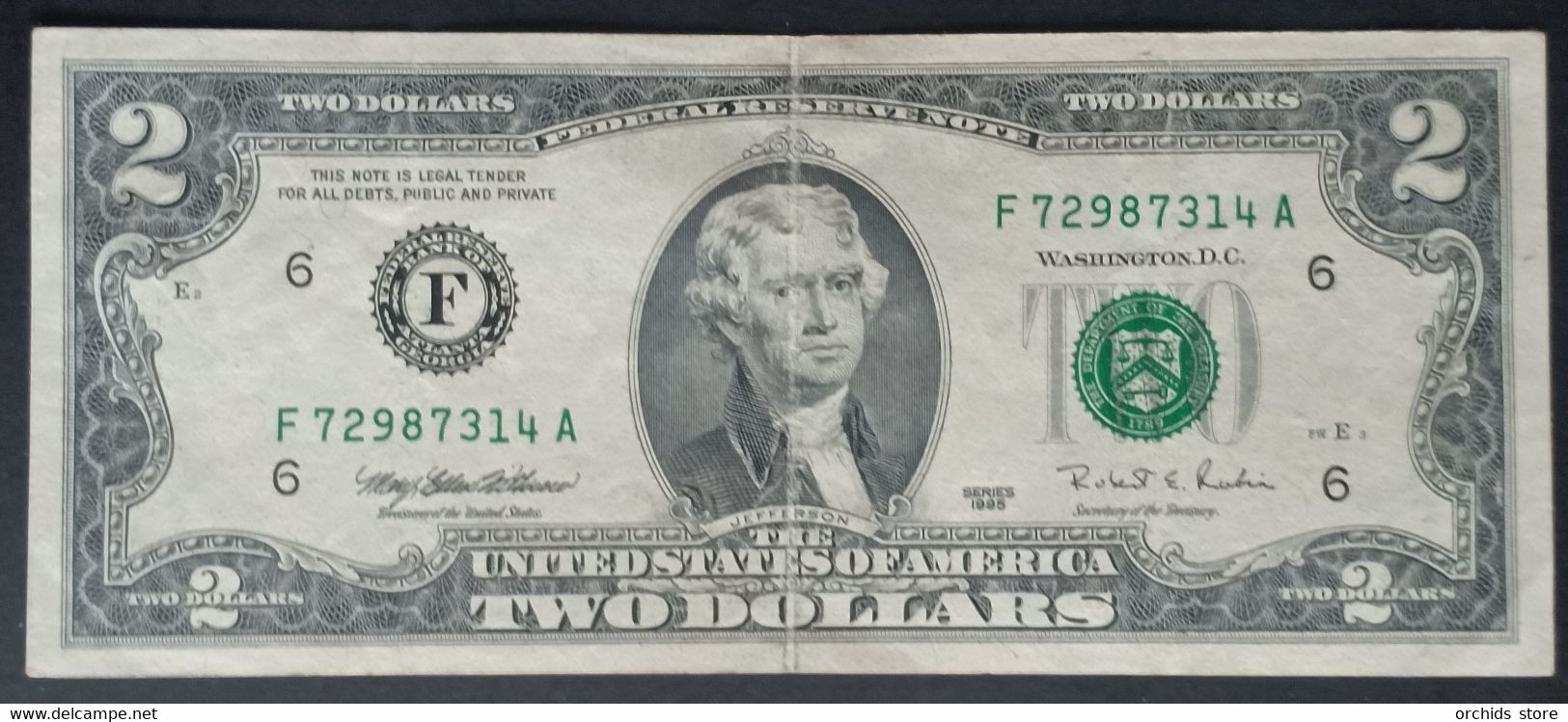 AC2020 - USA Series 1995 F (Atalanta) Banknote 2 Dollars Blue Seal Label  P.417F - Biljetten Van De Verenigde Staten (1928-1953)