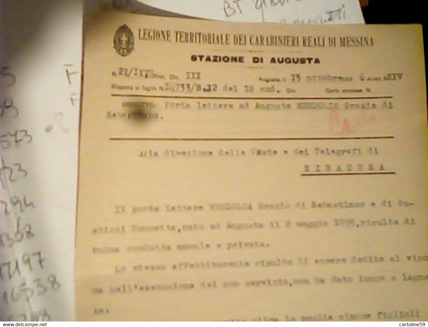 LEGIONE TERR  CARABINIERI REALI MESSINA STAZIONE AUGUSTA NOTA AL PORTALETTERE 1936 HX3644 - Documenti