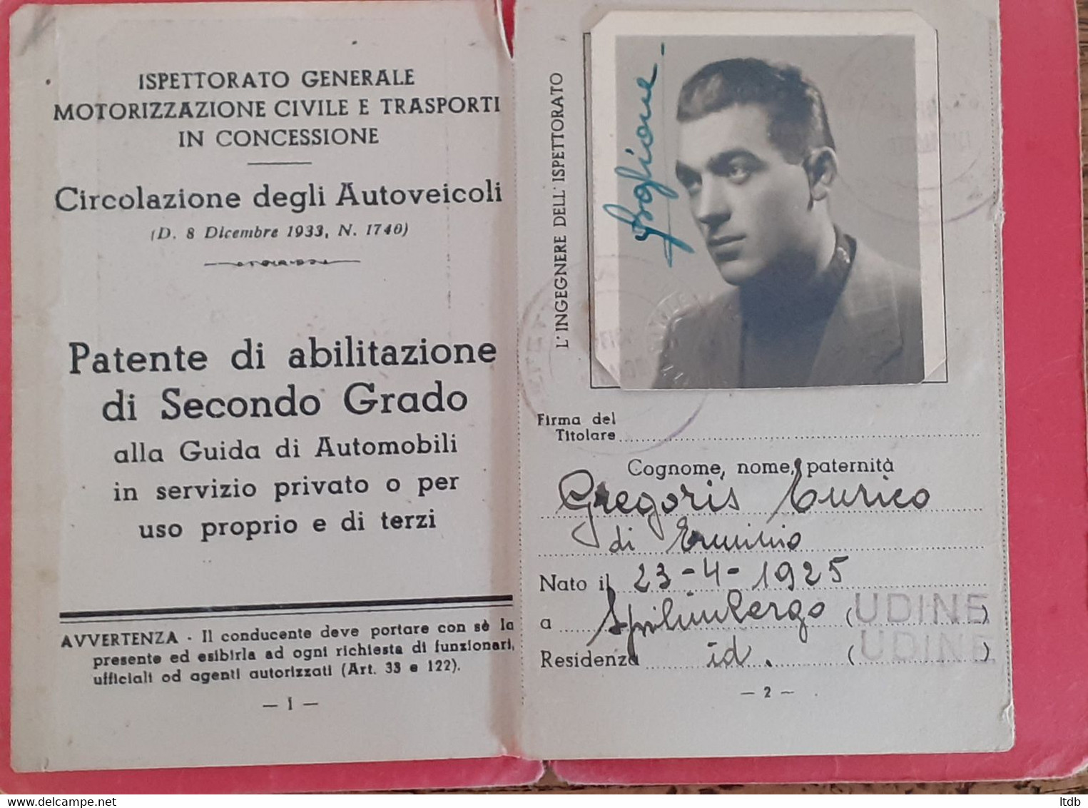 Permis De Conduire Italien De1948 + Permis De Conduire International De 1954 Automobile Voiture - Coches