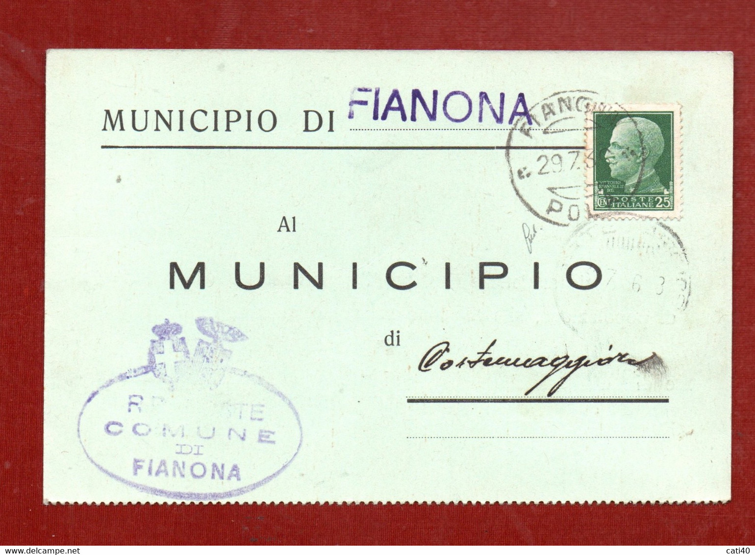 ISTRIA - FIANONA * POLA * 29/7/36 + R.POSTE COMUNE DI FIANONA  SU CARTOLINA DEL MUNICIPIO PER CORTEMAGGIORE RR - Dalmatië