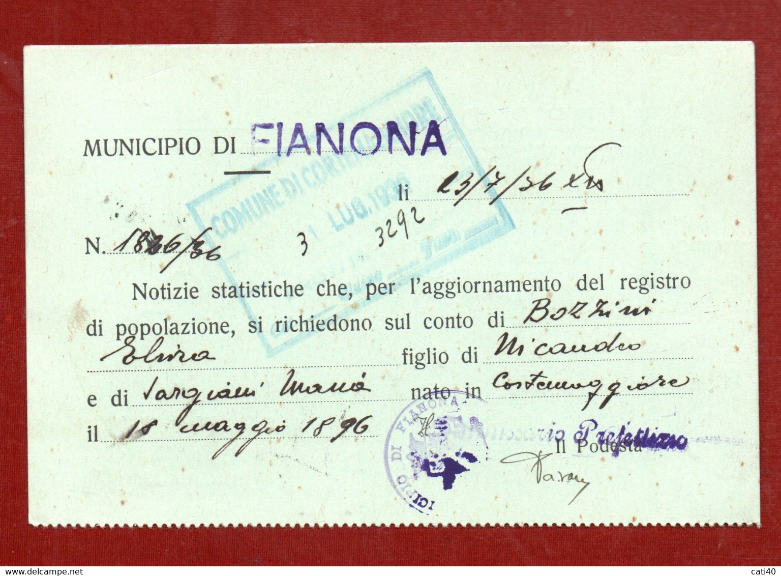 ISTRIA - FIANONA * POLA * 29/7/36 + R.POSTE COMUNE DI FIANONA  SU CARTOLINA DEL MUNICIPIO PER CORTEMAGGIORE RR - Dalmatien